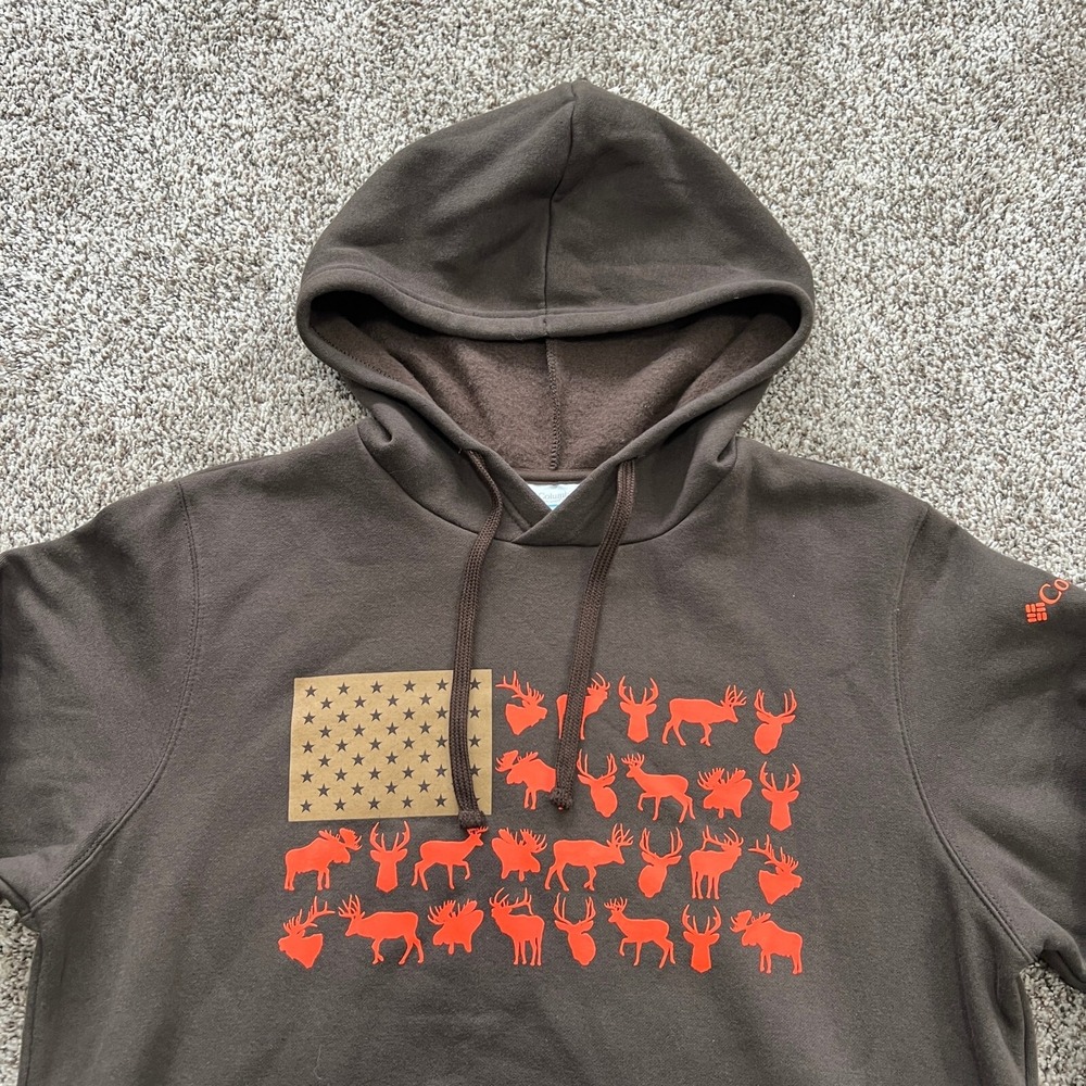 Columbia PHG Hunting Pullover Hoodie Brown USA Flag Deer Elk Moose Size M New